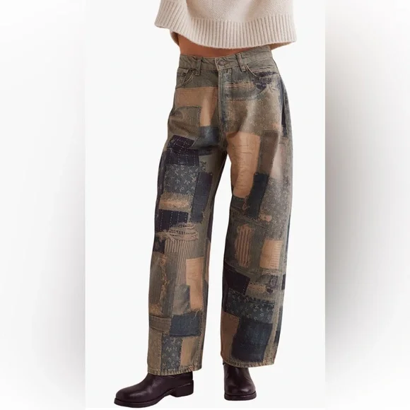 Free People We The Free Illusions Printed Patchwork barrel jeans. NWT. Size 28 - Picture 9 of 9